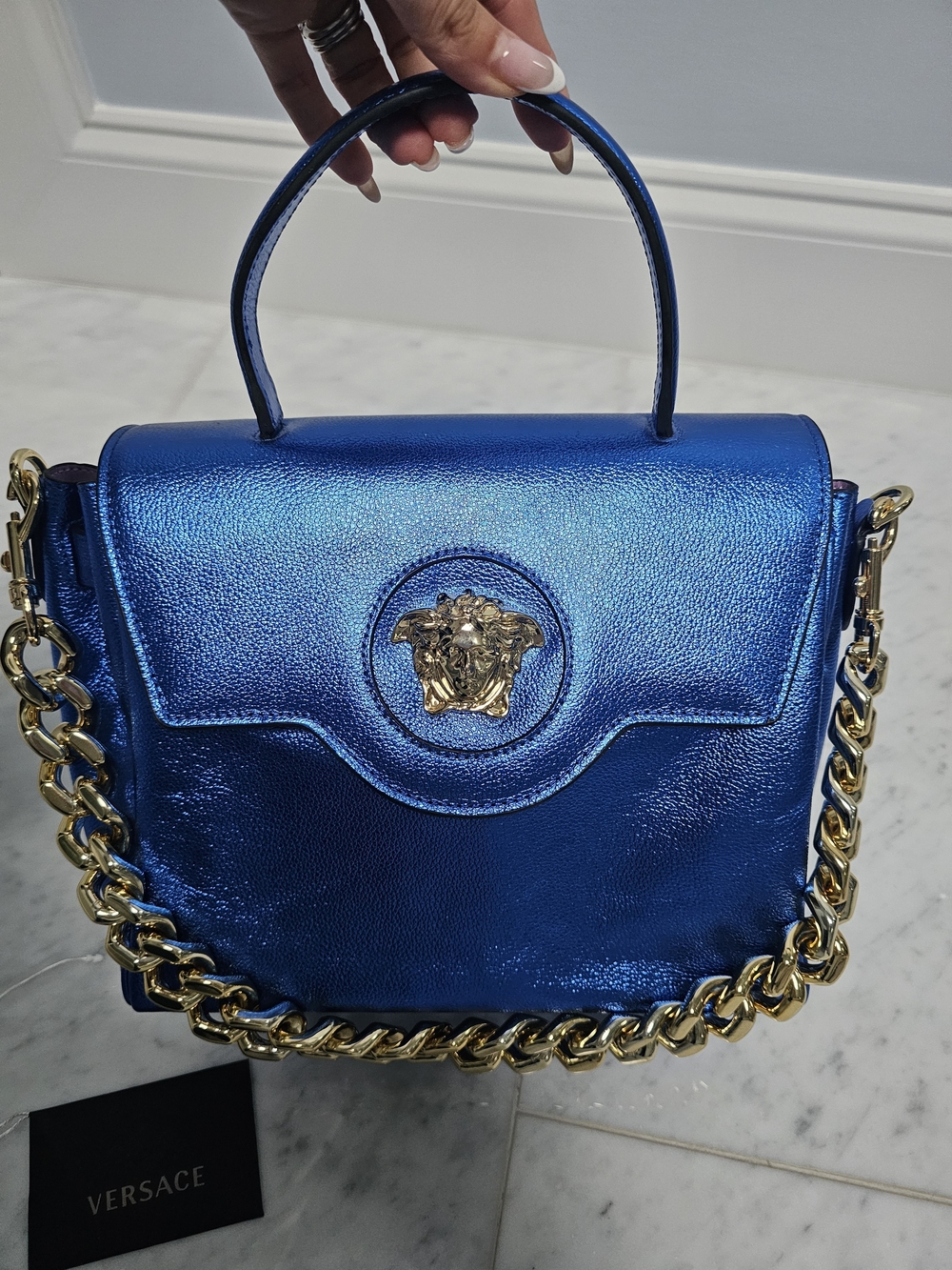 Metallic Blue Top-Handle Satchel with Gold Chain Accent - Picture 11 of 13